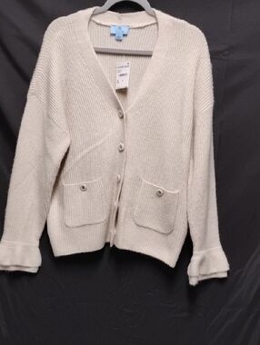 Cece Cream Ribbed Button Cardigan with Patch Pockets